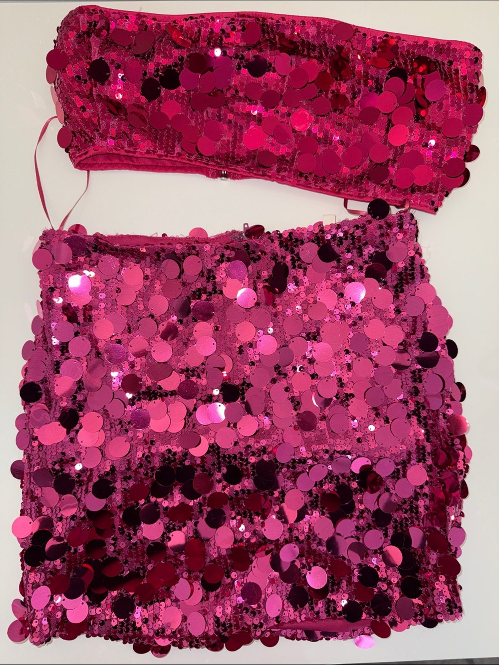 Hot Pink Sequin Two-Piece Set - Strapless Bandeau & Mini Skirt